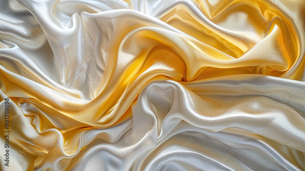 Fototapeta premium Soft waves of luxurious yellow gold satin and white silver fabric, abstract silk cloth with shiny patterns, beautiful texture.