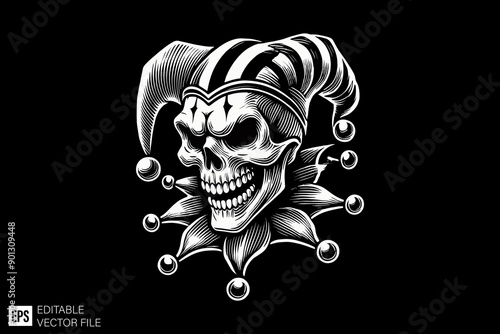 Black and white scary clown head vector illustration design