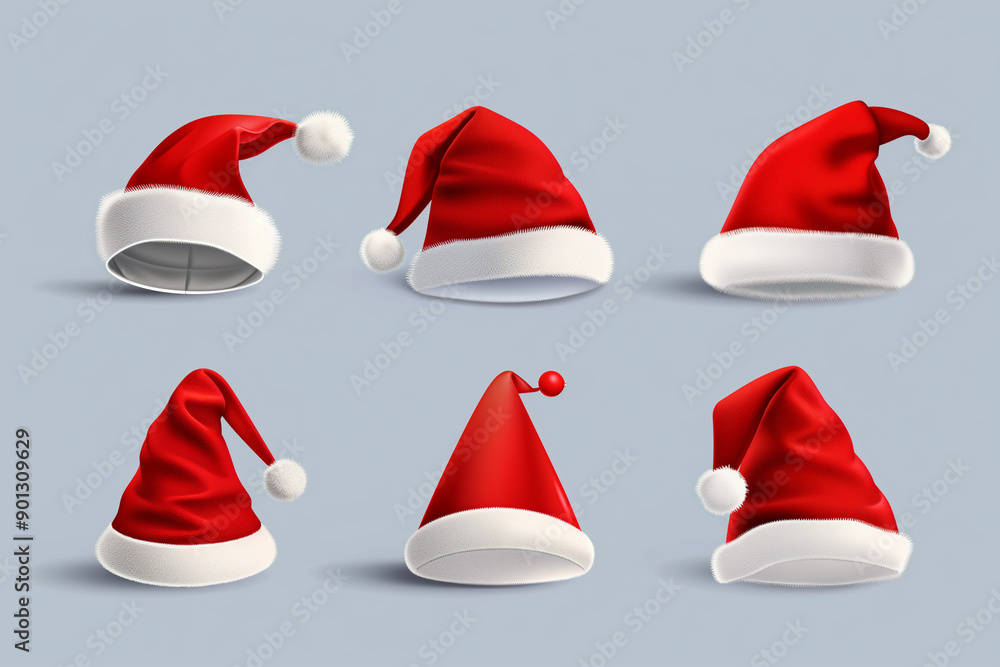 3d santa hats Christmas hat realistic modern xmas party red head accessories New year symbol, winter render caps pithy vector elements 3d santa hats Christmas hat realistic modern xmas party red head accessories New year symbol, winter render caps pithy vector elements