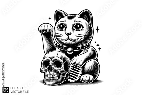 Black and white maneki neko lucky cat vector illustration design