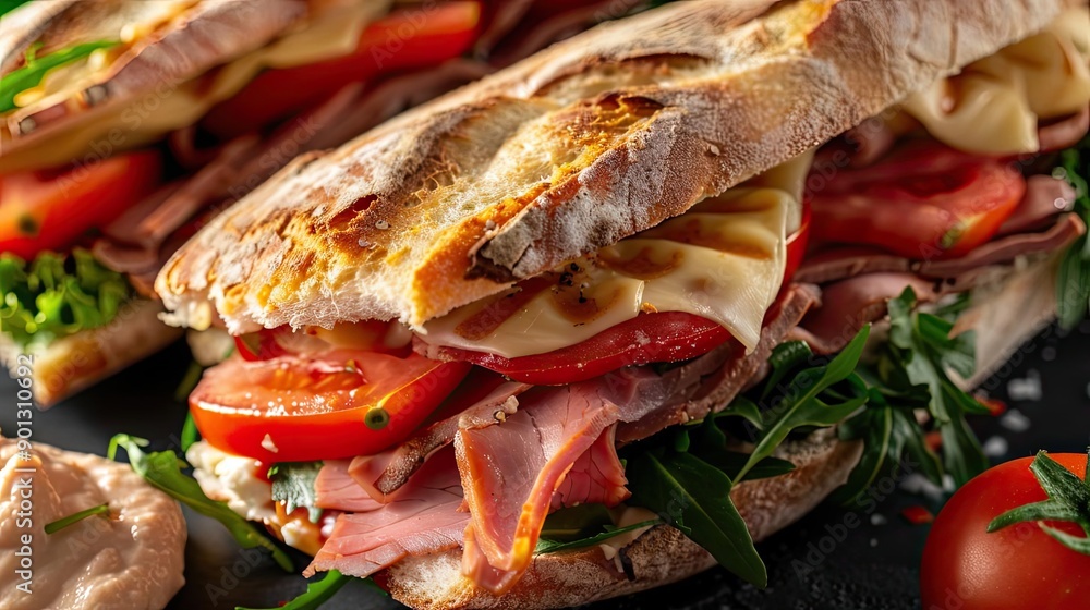A delicious sandwich loaded with fresh tomatoes, ham, and cheese on crusty bread, perfect for any meal or snack. A delicious sandwich loaded with fresh tomatoes, ham, and cheese on crusty bread, perfect for any meal or snack.