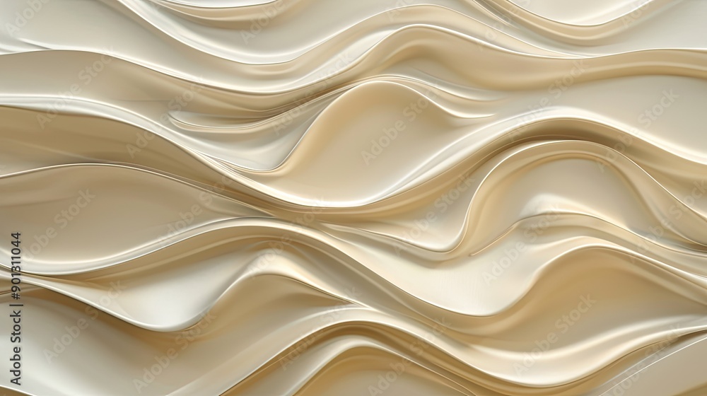 Obraz premium Wavy patterned beige 3D wall panel, pearl light brown texture, abstract structure art backdrop for interior decor, macro.