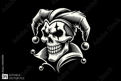 Black and white scary clown head vector illustration design