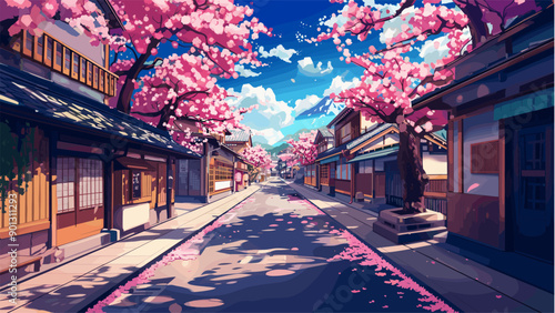 Traditional Japanese Street City Cherry Blossom Trees Background Game Style Cartoon Illustration Japan Oriental Urban Landscape Sakura Blossoms Asian Culture Cartoon Design