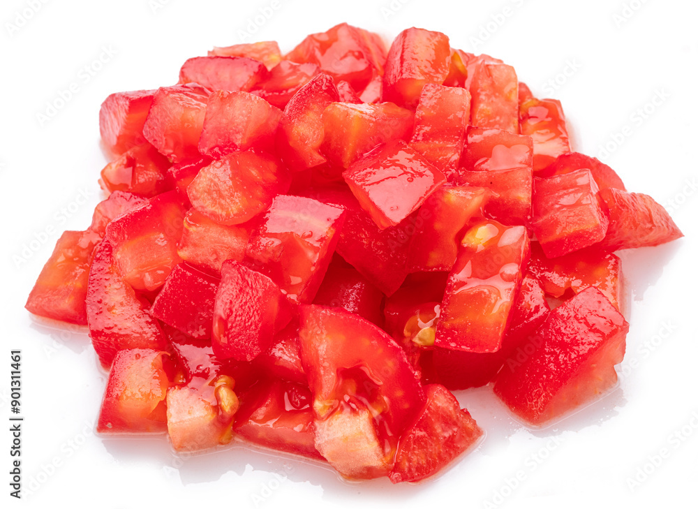 Peeled and diced fresh tomatoes isolated on white background. Macro shot. Peeled and diced fresh tomatoes isolated on white background. Macro shot.