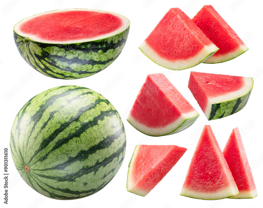 Set of watermelons and watermelon slices isolated on white background. Clipping paths. Set of watermelons and watermelon slices isolated on white background. Clipping paths.