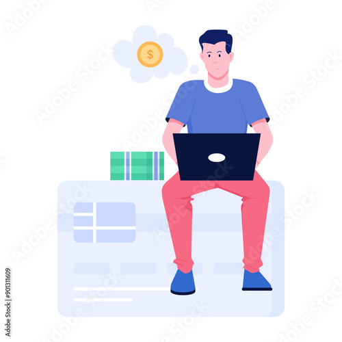 Man with money thought, flat character illustration 
