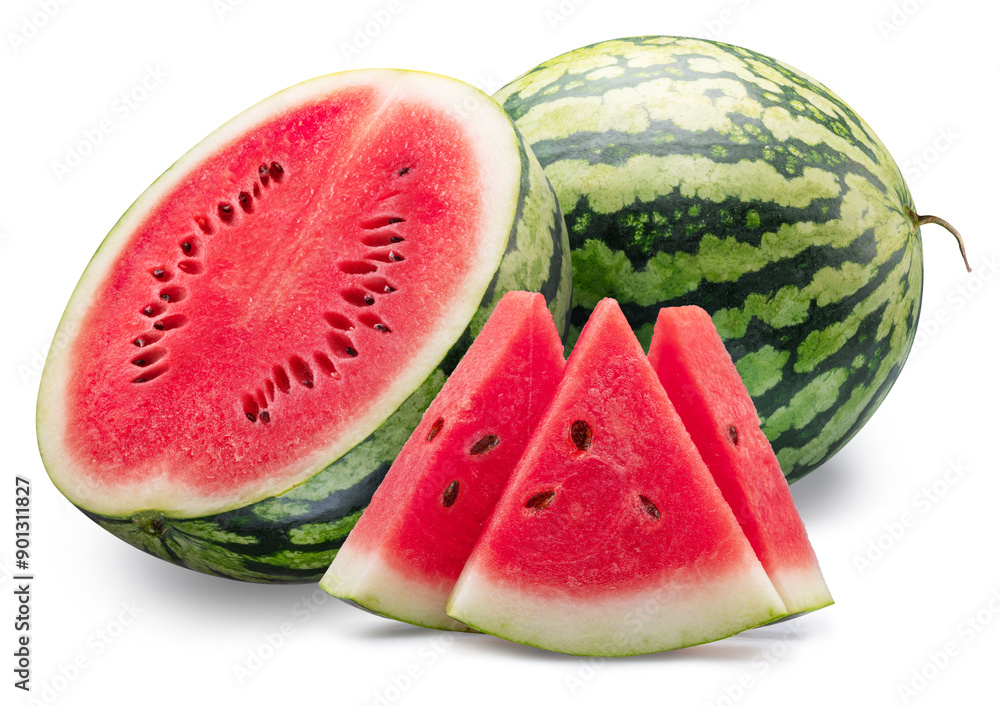 Round striped watermelon and watermelon slices isolated on white background. Round striped watermelon and watermelon slices isolated on white background.