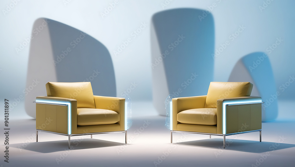 Obraz premium Two sofa against modern luxury sleek background. conference, podcast concept