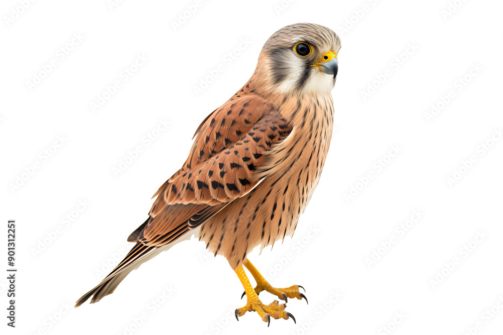 Obraz premium Kestrel in flight PNG, isolated on transparent background, ideal for wildlife and nature design projects, featuring a detailed bird of prey with outstretched wings and sharp features