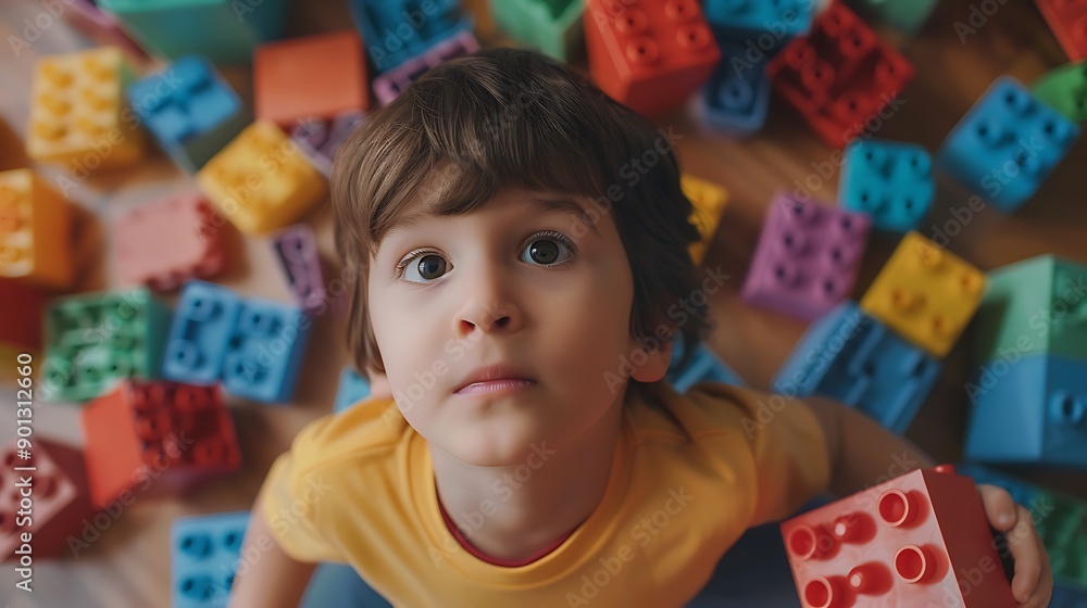 Adorable Boy Playing With Construction Blocks In Playroom Adorable Boy Playing With Construction Blocks In Playroom