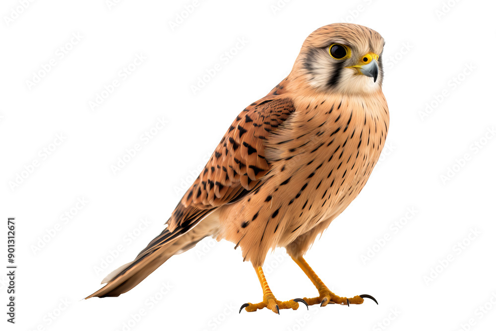 Obraz premium Kestrel in flight PNG, isolated on transparent background, ideal for wildlife and nature design projects, featuring a detailed bird of prey with outstretched wings and sharp features