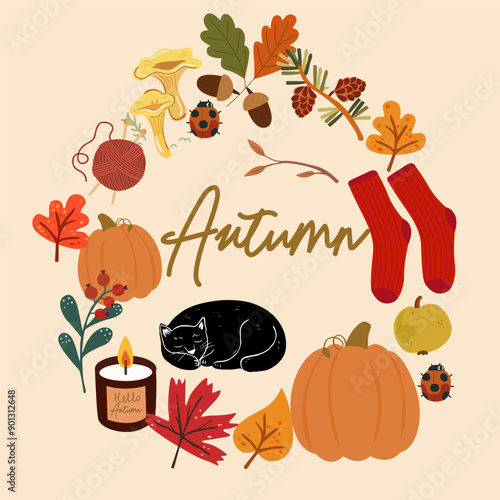 Hello, Autumn. Floral seasonal frame. Autumn set of vector hand-drawn icons. Set of forest plants, leaf, forest animals, autumn clothes, weather and food