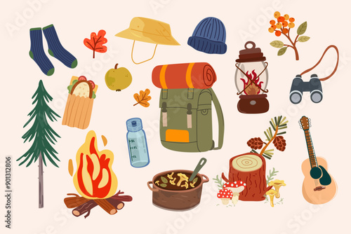 Hello Autumn. Set of elements for camping. Camping Kit Vector. Countryside and nature vacation, tourism. Hiking, holiday trip, picnic, survival in wild, local travel, trekking concept.