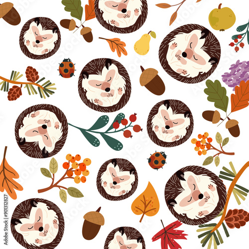 Autumn icons set. Fall season autumn. Autumn cozy pattern with yellow leaves, cute hedgehog, acorns, apple, sea buckthorn and cones. Symbol of autumn. Cozy seasonal background