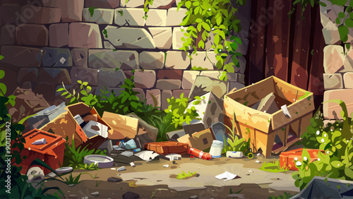 Trash Pile Cartoon Environment Adventure Mobile Game Urban Decay Scene Junkyard Illustration Waste Management Garbage Heap Pollution Litter Debris Discarded Items