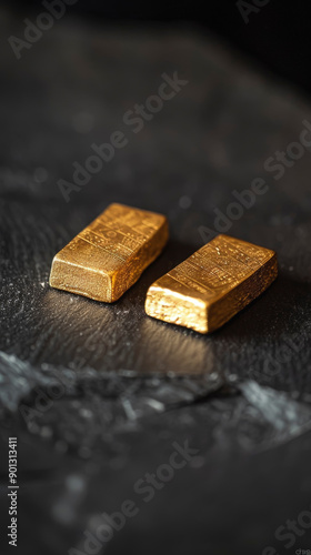 Two shiny gold bars rest on a dark, textured surface, highlighting their rich, metallic luster and valuable allure.