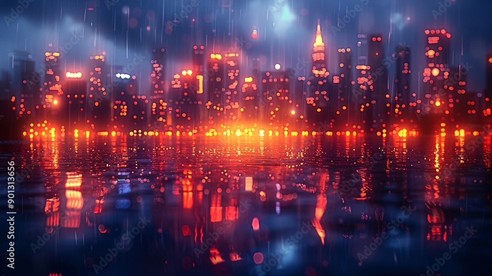 Obraz premium red and yellow lights, cyberpunk neon city near the lake.