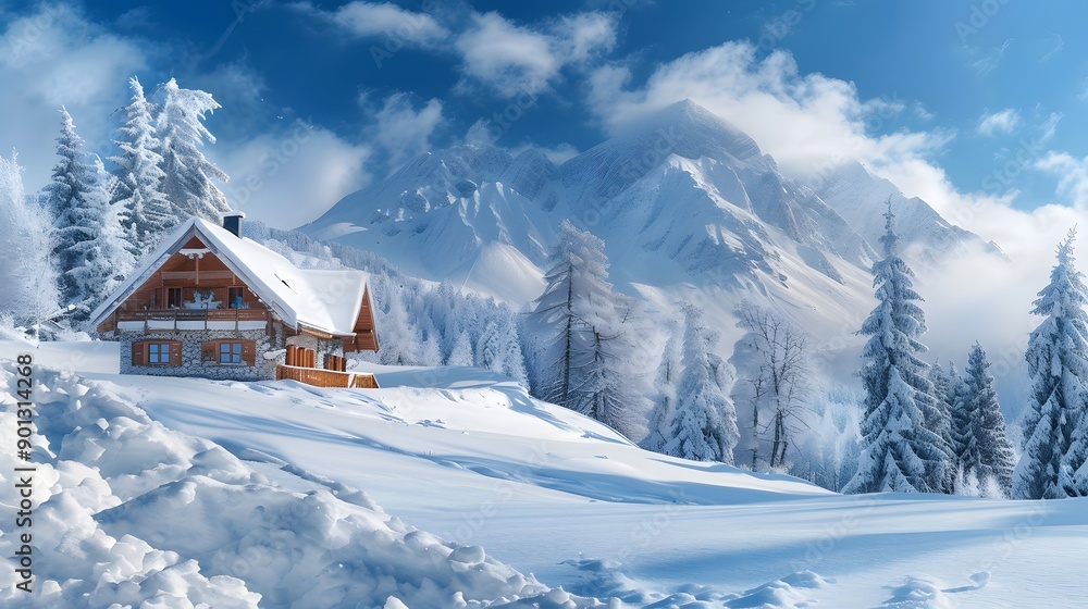 Fototapeta premium Winter Wonderland Cozy Mountain Cabin Snow Scene