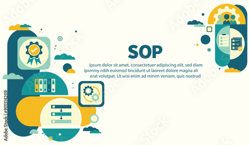 Standard Operating Procedure - SOP business concept. Instructions to assist employee in complex routine operations. SOP web banner with icons vector illustration infographic flat design.