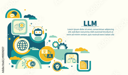 The concept of LLM, AI Large Language Model with icons concept. AI deep learning to use for work support. language model general purpose language generation capability. Vector illustrator template.