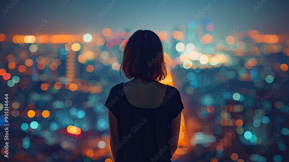 A woman is standing in the city at night, looking out over the skyline ...