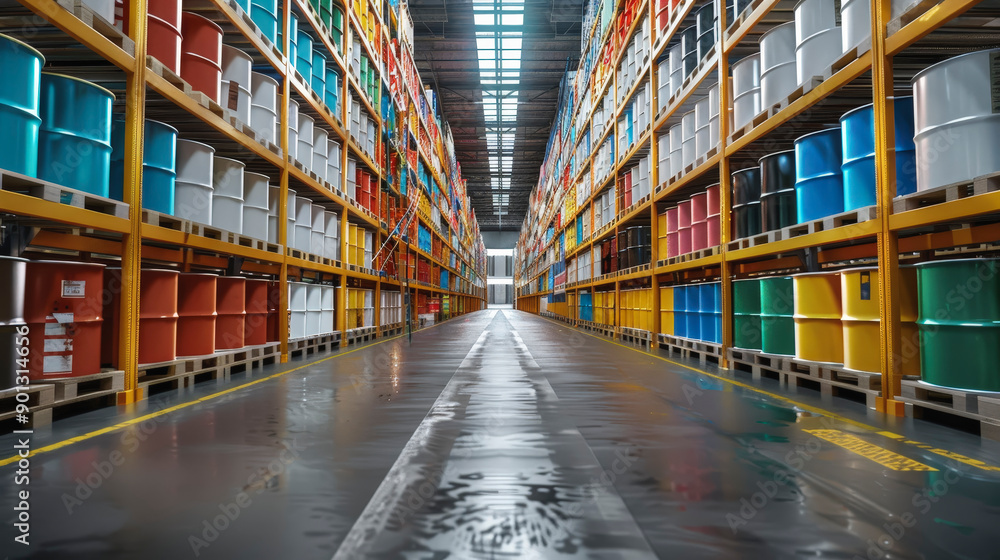 A spacious warehouse aisle lined with neatly stacked, colorful barrels on both sides, creating a symmetrical and organized industrial storage environment. A spacious warehouse aisle lined with neatly stacked, colorful barrels on both sides, creating a symmetrical and organized industrial storage environment.