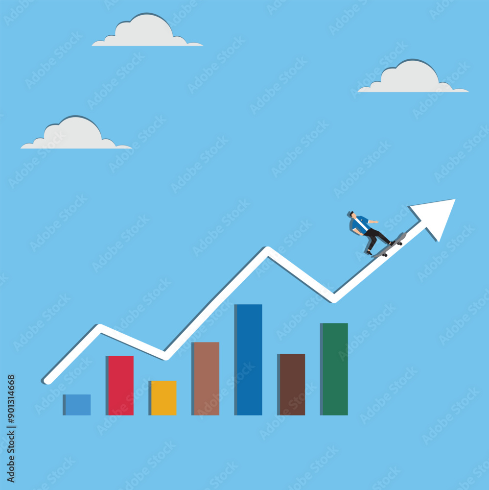 Man riding a skateboard in the direction of the upward arrowprogress achieving business success Man riding a skateboard in the direction of the upward arrowprogress achieving business success