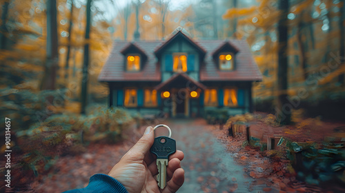 photo of a hand holding a key with a house in the background photo