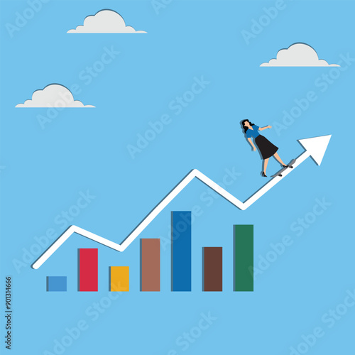 Woman riding a skateboard in the direction of the upward arrowprogress achieving business success