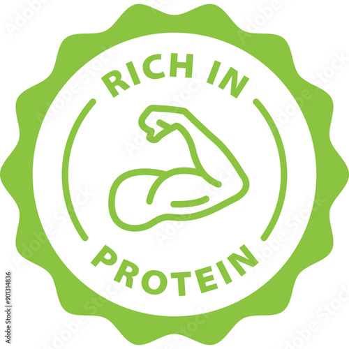 green rich in protein outline icon round rounded circle badge stamp label isolated on transparent background