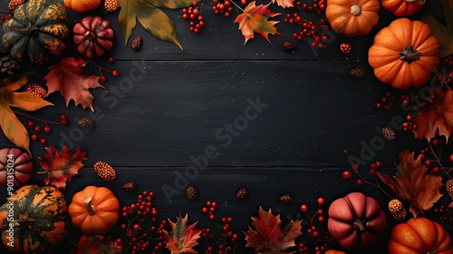 A dark wooden background featuring an autumn border frame of leaves, pumpkins, and berries around