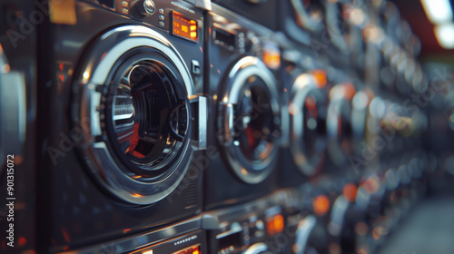 A row of modern, stainless steel washing machines in a laundromat, neatly arranged and ready for use, reflecting a clean and organized environment. photo