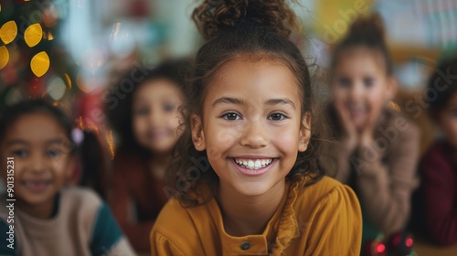 A young girl smiles brightly at the camera, surrounded by her friends.  Their faces are full of joy and laughter.