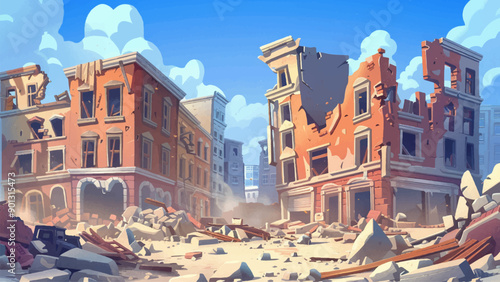War-Torn City Destroyed Buildings Cartoon Environment Adventure Mobile Game Post-Apocalyptic Scene Conflict Zone Illustration Urban Warfare Devastation