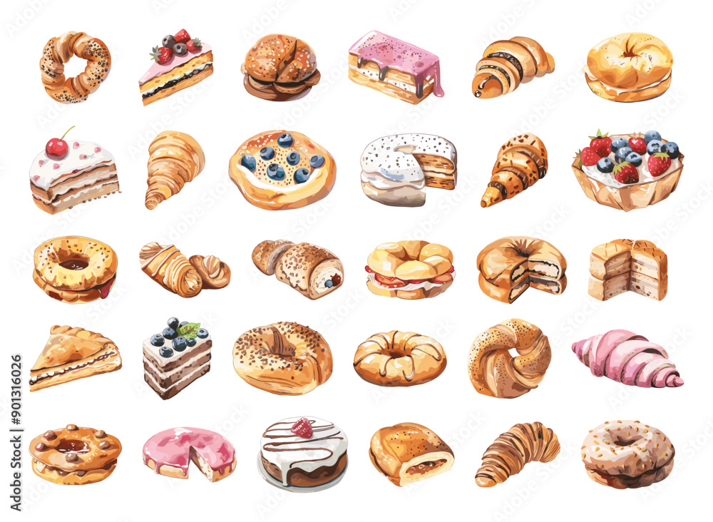 Watercolour Bakery Icons Set Low Detailed Colourful Modern Illustration Food Pastries Baked Goods Minimalist Design Decorative Elements Watercolour Bakery Icons Set Low Detailed Colourful Modern Illustration Food Pastries Baked Goods Minimalist Design Decorative Elements