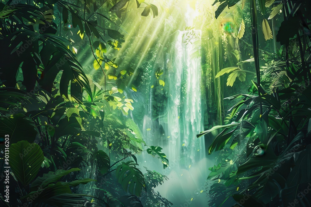 Fototapeta premium Lush Green Waterfall in Dense Tropical Rainforest with Exotic Plants and Sunlight