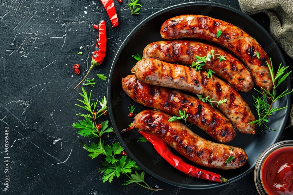 A plate of hot dogs with peppers and herbs on top A plate of hot dogs with peppers and herbs on top