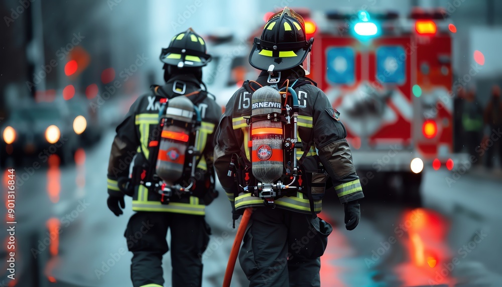 Epic shot of firefighters responding to a medical emergency, demonstrating their expertise and quick thinking Epic shot of firefighters responding to a medical emergency, demonstrating their expertise and quick thinking