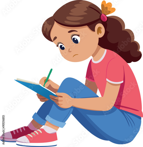 Young girl concentrating while doing homework sitting on floor