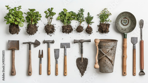 An assortment of gardening tools and young plants arranged neatly on a white background, ready for planting and tending in the garden. photo