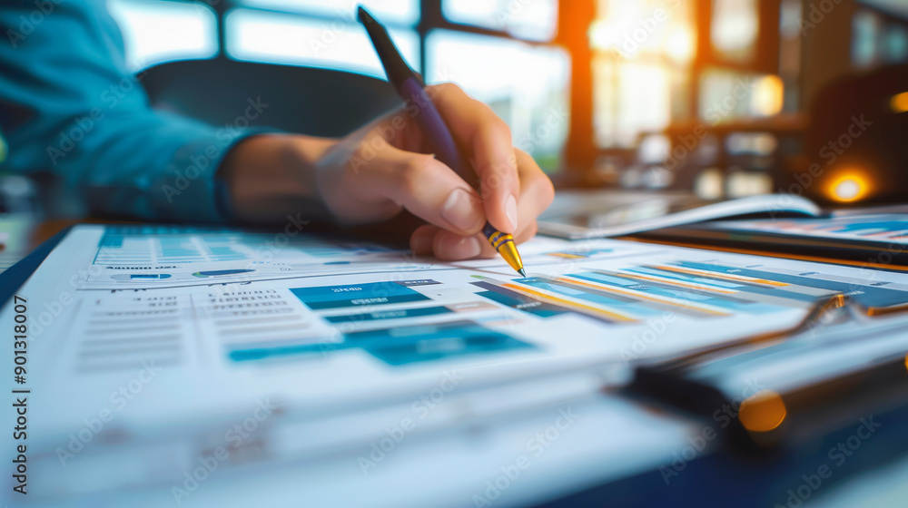 A person is analyzing financial charts and graphs with a pen in hand, amidst a well-lit office setting, indicating a work-related scenario. A person is analyzing financial charts and graphs with a pen in hand, amidst a well-lit office setting, indicating a work-related scenario.