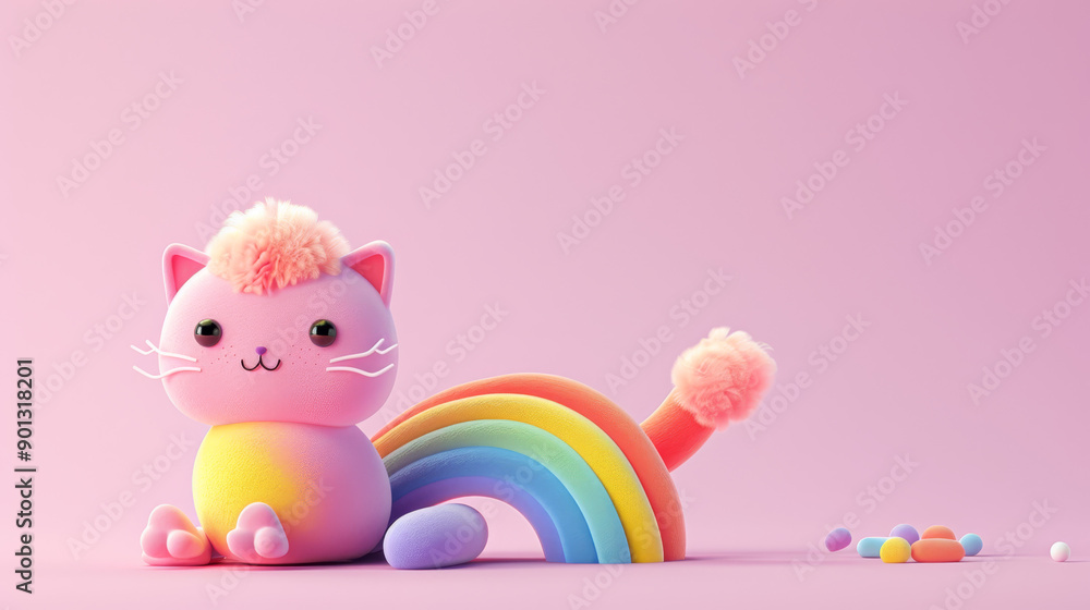 3D rendered pink funny cute cat with rainbow unicorn sign on white background isolated scene. Dreamy fairy tail landscape for game, presentation or book wallpaper cover 3D rendered pink funny cute cat with rainbow unicorn sign on white background isolated scene. Dreamy fairy tail landscape for game, presentation or book wallpaper cover