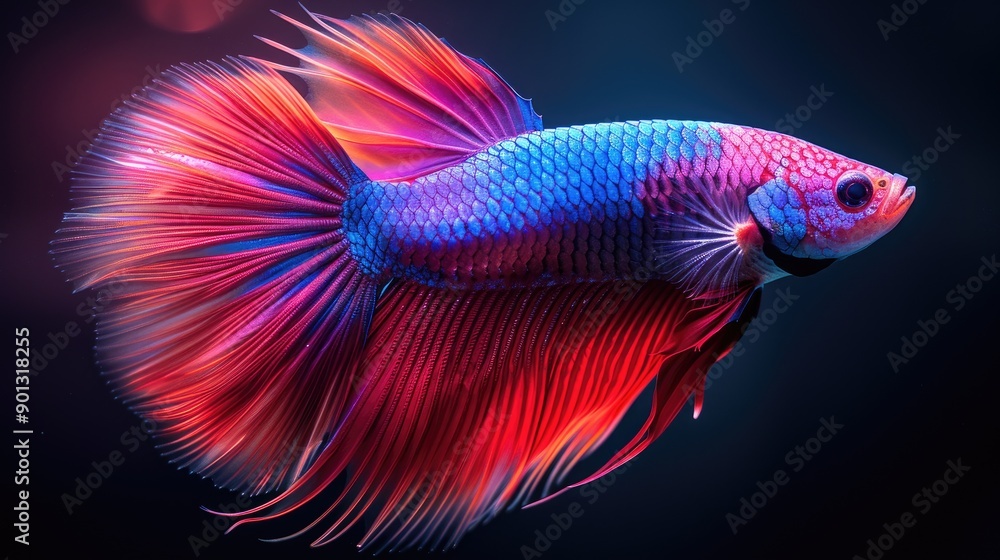 Beautiful colorful betta fish with long fins and flowing tail on black background