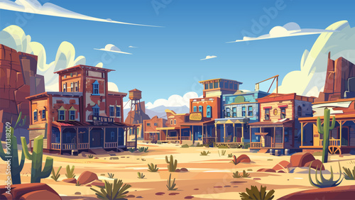 Wild West Town Buildings Prairie Landscape Cartoon Game Background Old Western Saloon Wooden Houses Dirt Road Settlement Deserted Frontier Illustration for Gaming Environment