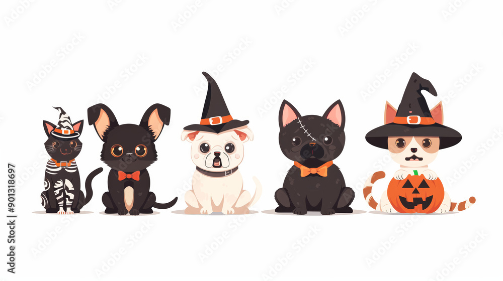 Illustration vector clipart set of Halloween stickers with spooky scary cute funny dogs and cats in party celebration cartoon costumes. Fairy tail kids book characters Illustration vector clipart set of Halloween stickers with spooky scary cute funny dogs and cats in party celebration cartoon costumes. Fairy tail kids book characters