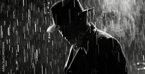 dramatic silhouette of a dangerous man in a hat at night in the rain in the city in the old crime. photo