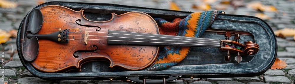 Street Musicians Violin A weathered violin case open on a cobblestone street, with the instrument resting on a colorful scarf Street Musicians Violin A weathered violin case open on a cobblestone street, with the instrument resting on a colorful scarf
