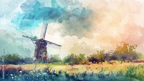 Windmill Vintage Landscape Watercolor Illustration Background Rural Scene Countryside Architecture Agricultural Heritage Traditional Farm