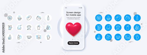Phone mockup with 3d heart icon. Calories, Dry cappuccino and Fruits line icons. Pack of Ice cream, Orange juice, Brandy bottle icon. Grill, Mint leaves, Cafe creme pictogram. Vector